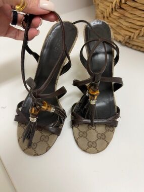 Gucci Brown GG Canvas and Leather Open Toe Bamboo Tassel Sandal Size 38 1/2